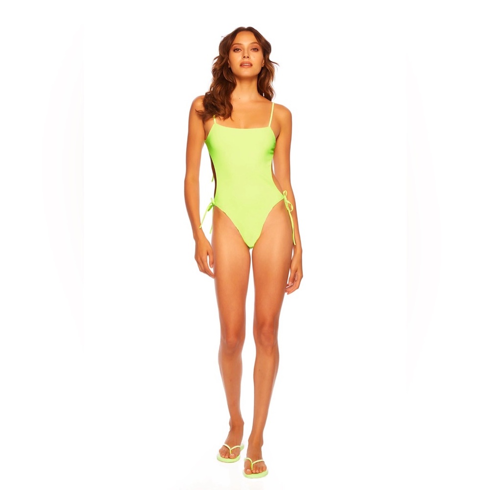 NEW Neon Green Ruched sides with Bows Adjustable Straps Women's Swimsuit Size S